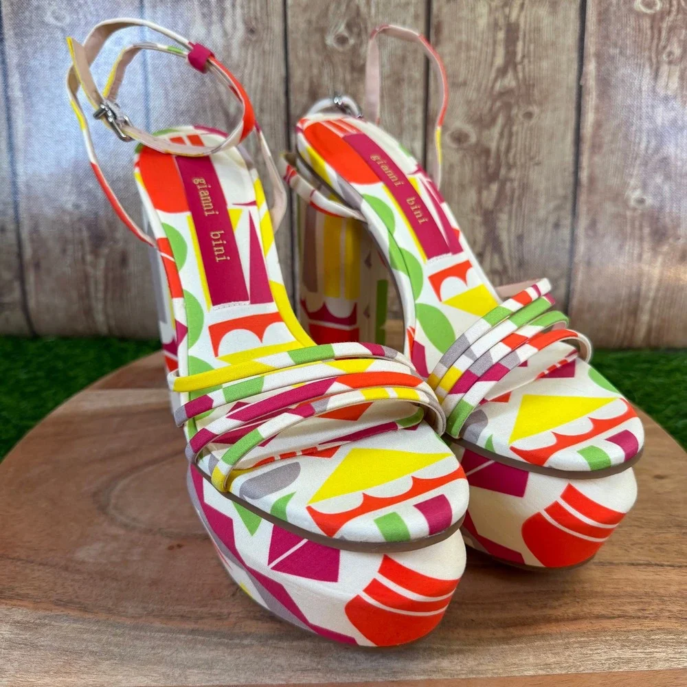 Gianni Bini Platform Sandals Womens Size 7.5 Multicolor Geometric Block Heel